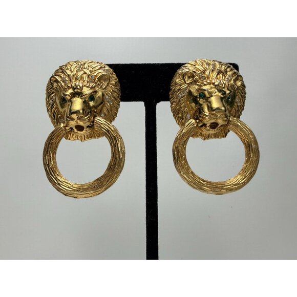 Vintage D’Orlan Gold Tone Lion Head Clip On Earrings Emerald Eyes 2” - Picture 2 of 14
